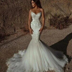 IS-NWT Luxury White Mermaid Long Wedding Dress Boho Lace Beaded Bridal Gown